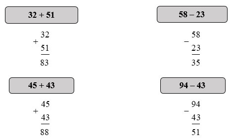 Các phép tính dạng 34 + 23, 57 - 23 lớp 1 (Lý thuyết + 10 Bài tập)