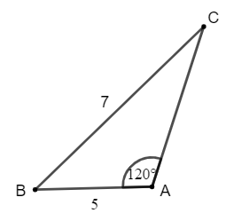 Cho tam giác ABC có AB = 5, BC = 7, góc A = 120 độ . Tính độ dài cạnh AC. 