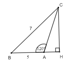 Cho tam giác ABC có AB = 5, BC = 7, góc A = 120 độ . Tính độ dài cạnh AC. 