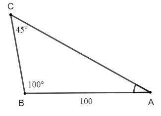 Cho tam giác ABC có AB = 100, góc B = 100 độ , góc C = 45 độ . Tính