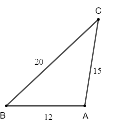 Cho tam giác ABC có AB = 12, AC = 15, BC = 20. Tính: Số đo các góc A, B, C