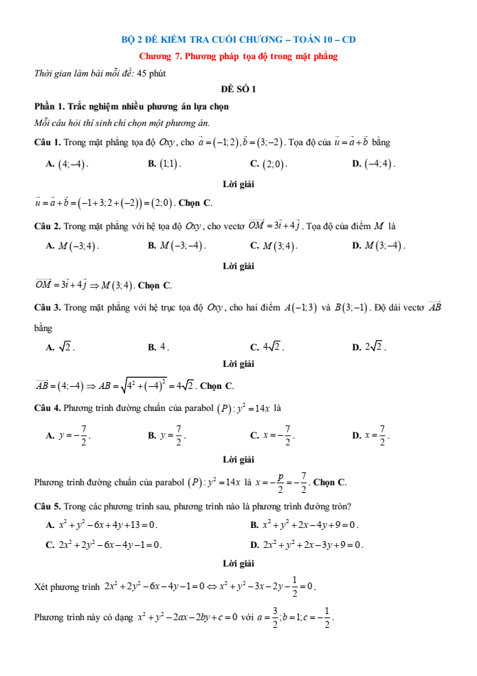 Đề kiểm tra Toán 10 Cánh diều Chương 7 (có lời giải)