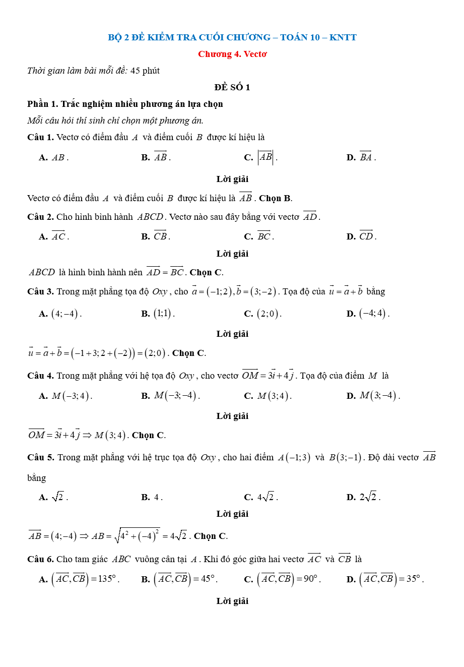 Đề kiểm tra Toán 10 Kết nối tri thức Chương 4 (có lời giải)