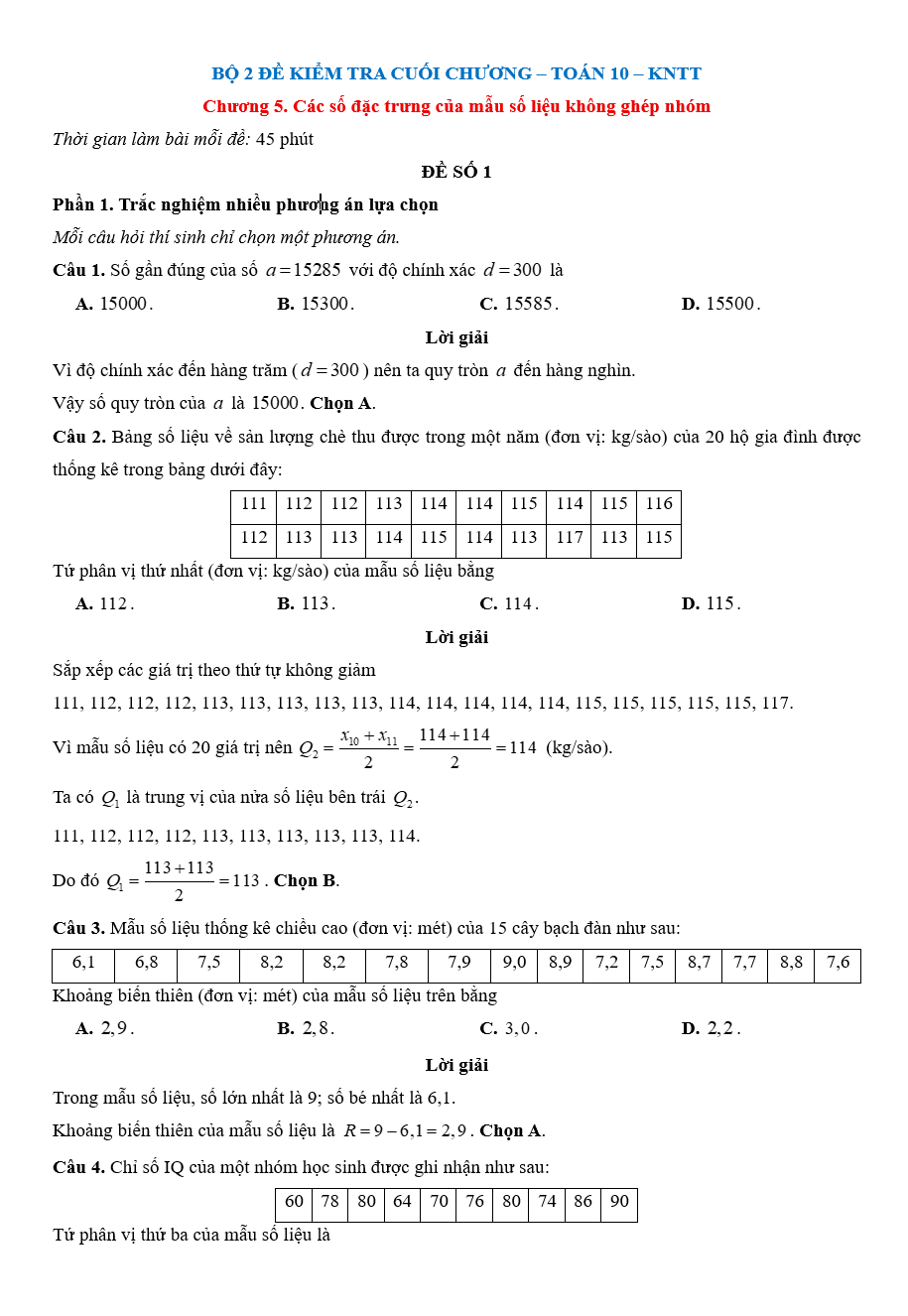 Đề kiểm tra Toán 10 Kết nối tri thức Chương 5 (có lời giải)