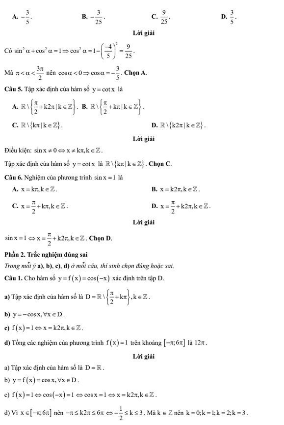 Đề kiểm tra Toán 11 Chân trời sáng tạo Chương 1 (có lời giải)