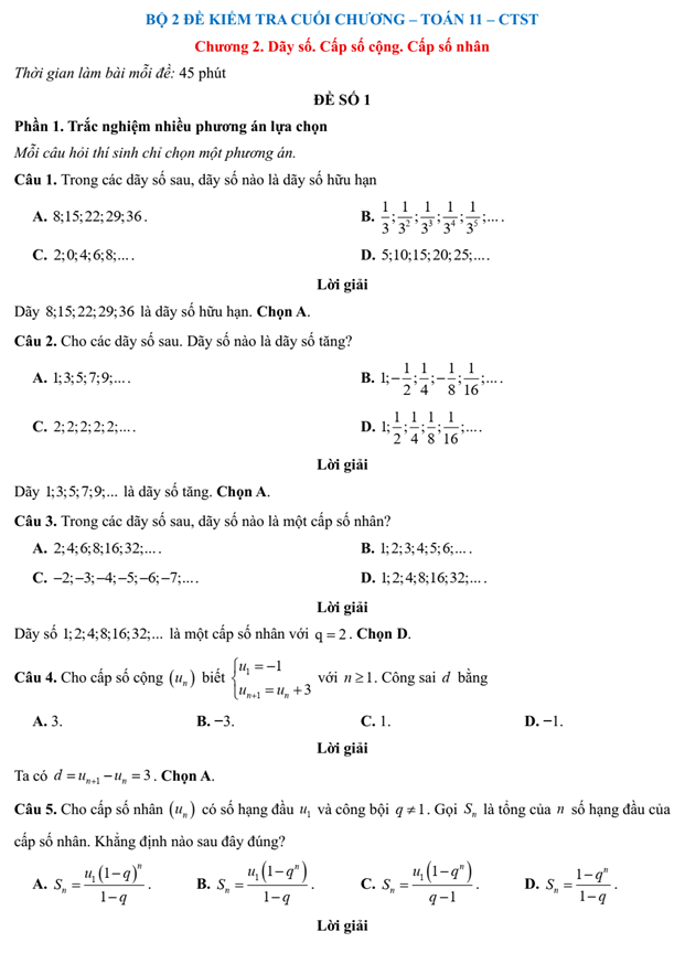 Đề kiểm tra Toán 11 Chân trời sáng tạo Chương 2 (có lời giải)