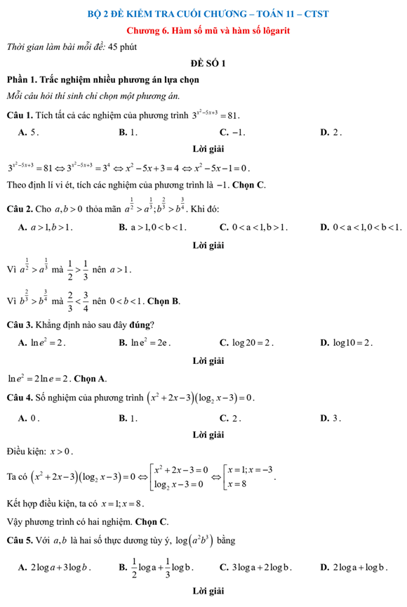 Đề kiểm tra Toán 11 Chân trời sáng tạo Chương 6 (có lời giải)