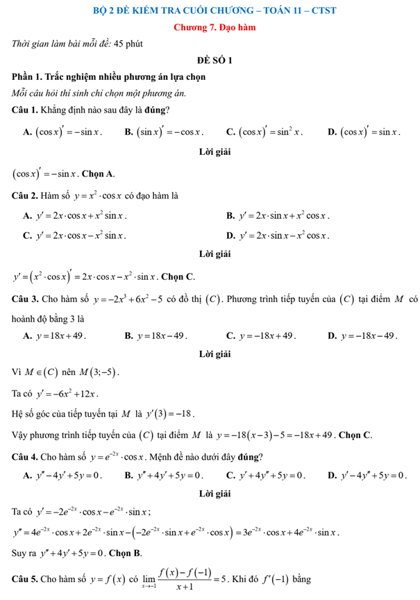 Đề kiểm tra Toán 11 Chân trời sáng tạo Chương 7 (có lời giải)
