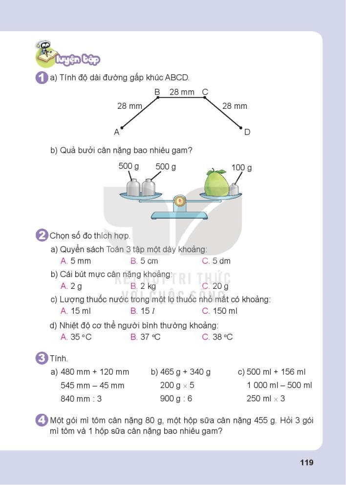 Toán lớp 3 Bài 43: Ôn tập hình học và đo lường (trang 118, 119) | Kết nối tri thức
