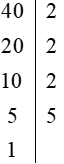 Phân tích số 40 ra thừa số nguyên tố bằng cách viết rẽ nhánh và theo cột dọc