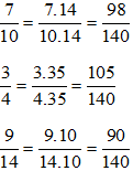 Quy đồng mẫu các phân số sau: a) 9/12 và 7/15 b) 7/10; 3/4 và 9/14