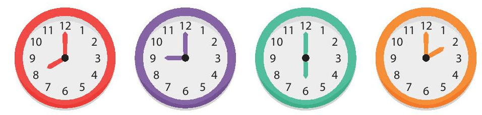 Dùng thước đo góc để đo các góc tạo bởi kim phút và kim giờ trong các mặt đồng hồ