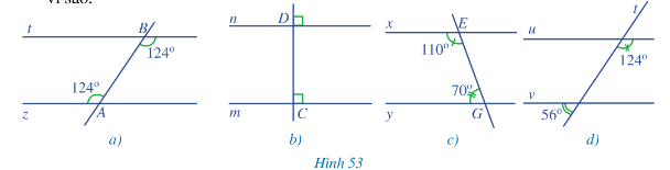 Tìm cặp đường thẳng song song trong mỗi hình 53a, 53b, 53c, 53d và giải thích vì sao