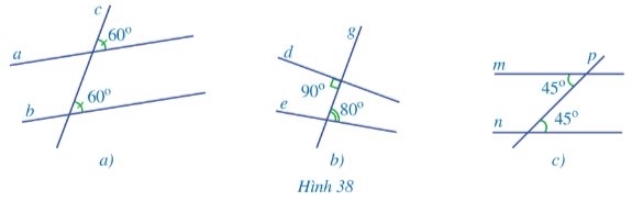 Quan sát các hình 38a, 38b, 38c và đoán xem các đường thẳng nào song song với nhau