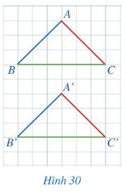 Quan sát hai tam giác ABC và A'B'C' trên một tờ giấy kẻ ô vuông (Hình 30)