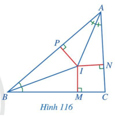 Quan sát giao điểm I của ba đường phân giác trong tam giác ABC (Hình 116)
