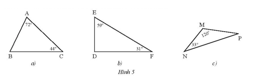 Tìm số đo các góc chưa biết của các tam giác trong Hình 5