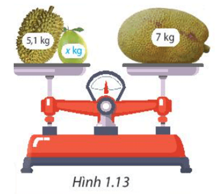 Biết cân ở trạng thái cân bằng (H.1.13), hỏi quả bưởi nặng bao nhiêu kilôgam