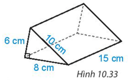 Tính diện tích xung quanh và thể tích của hình lăng trụ đứng trong Hình 10.33