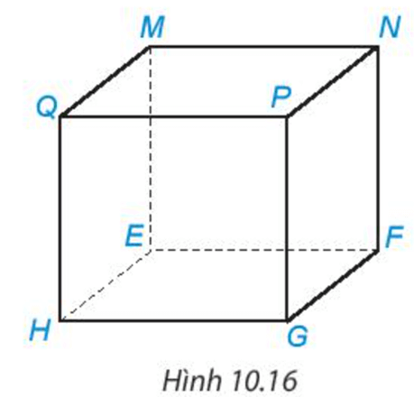 Kể tên các đỉnh, cạnh và đường chéo của hình lập phương MNPQ.EFGH ở Hình 10.16