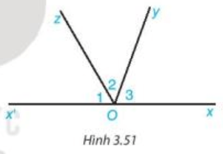 Cho Hình 3.51, trong đó Ox và Ox' là hai tia đối nhau. Tính tổng số đo ba góc O1, O2, O3