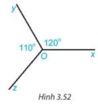 Cho Hình 3.52, biết góc xOy=120 độ, góc yOx=110 độ. Tính số đo góc zOx