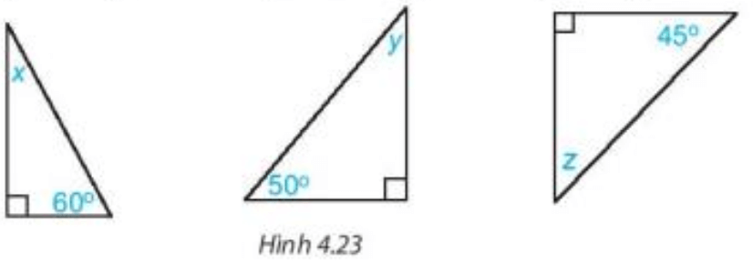 Các số đo x, y, z trong mỗi tam giác vuông dưới đây bằng bao nhiêu độ