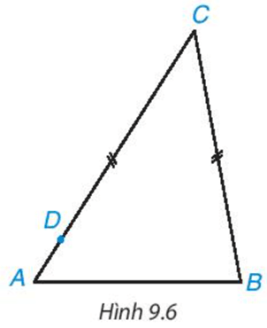 Trong Hình 9.6 có hai đoạn thẳng BC và DC bằng nhau, D nằm giữa A và C