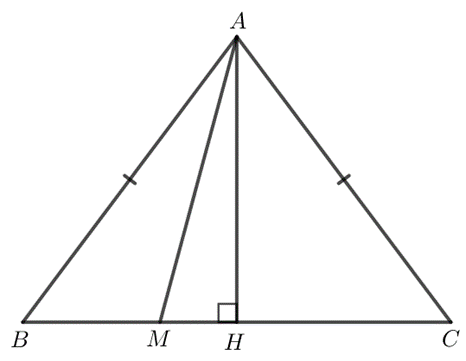 Cho tam giác cân ABC, AB = AC. Lấy điểm M tùy ý nằm giữa B và C (H.9.12)