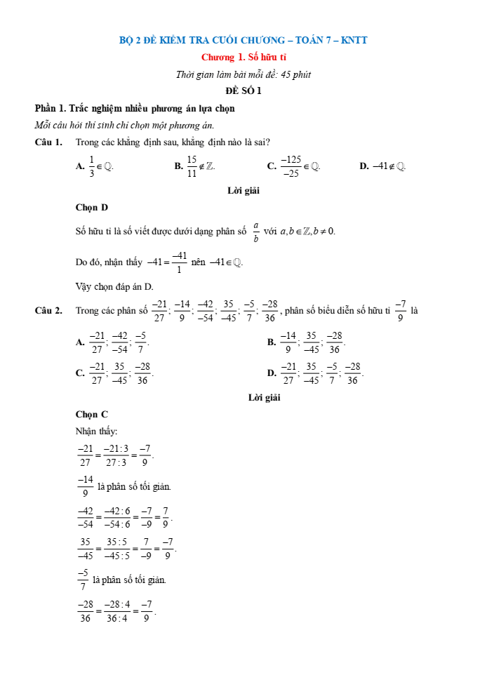 Đề kiểm tra Toán 7 Kết nối tri thức Chương 1 (có lời giải)