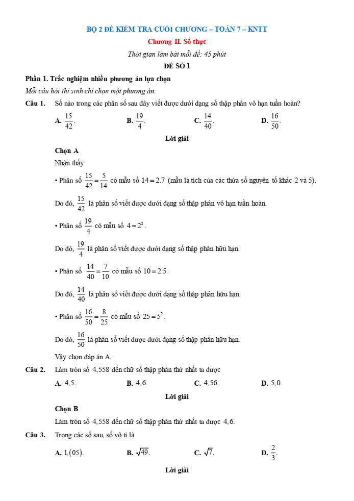 Đề kiểm tra Toán 7 Kết nối tri thức Chương 2 (có lời giải)
