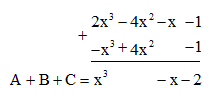 Đặt tính cộng để tìm tổng của ba đa thức sau: A = 2x^3 - 5x^2 + x - 7