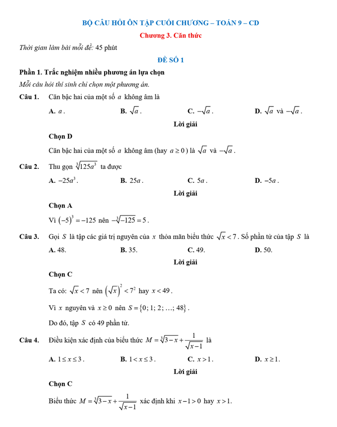 Đề kiểm tra Toán 9 Cánh diều Chương 3 (có lời giải)