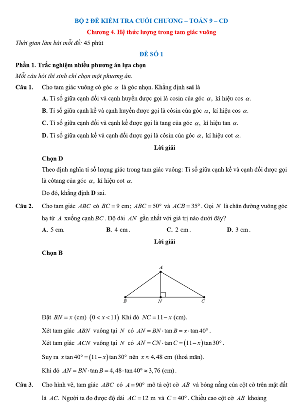 Đề kiểm tra Toán 9 Cánh diều Chương 4 (có lời giải)