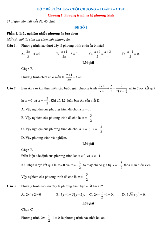 Đề kiểm tra Toán 9 Chân trời sáng tạo Chương 1 (có lời giải)