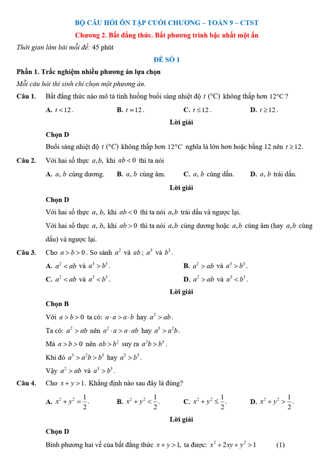 Đề kiểm tra Toán 9 Chân trời sáng tạo Chương 2 (có lời giải)