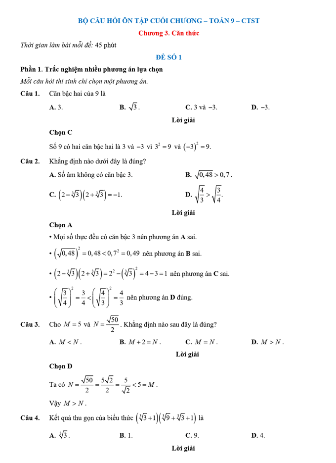 Đề kiểm tra Toán 9 Chân trời sáng tạo Chương 3 (có lời giải)