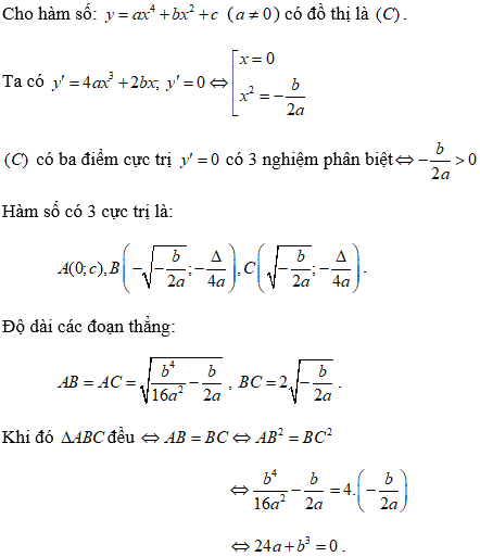 Tìm m để hàm số có 3 điểm cực trị tạo thành tam giác đều (cực hay, có lời giải)