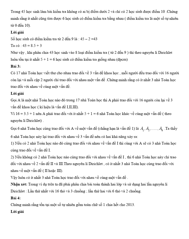 Chuyên đề bồi dưỡng HSG Toán 6 Nguyên lí Dirichlet (có lời giải)