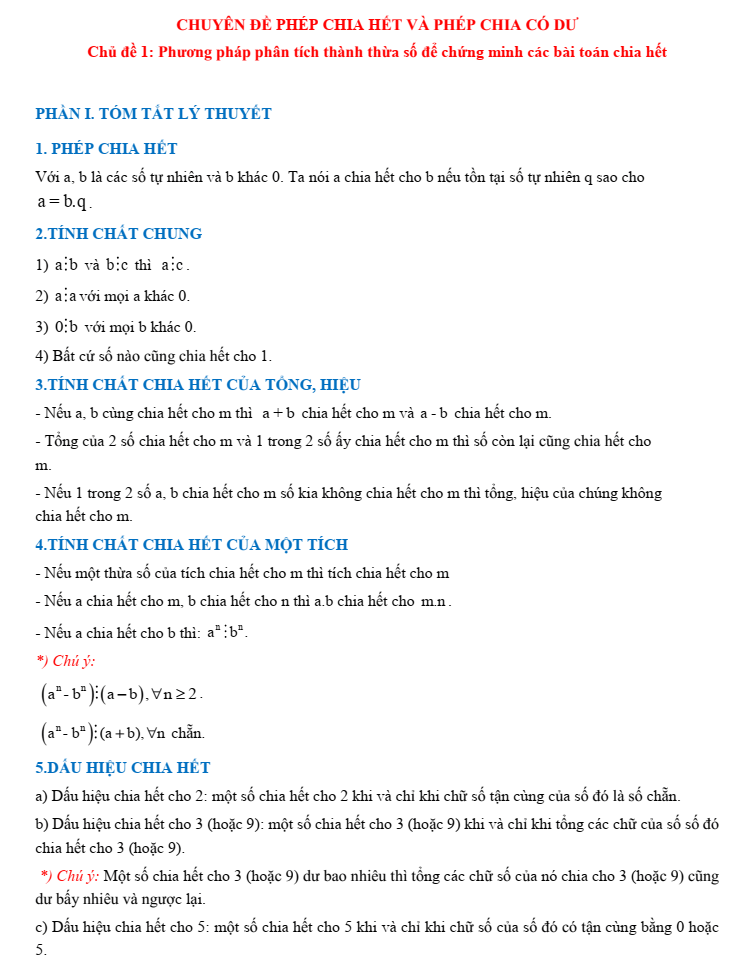 Chuyên đề bồi dưỡng HSG Toán 6 Phép chia hết và phép chia có dư (có lời giải)
