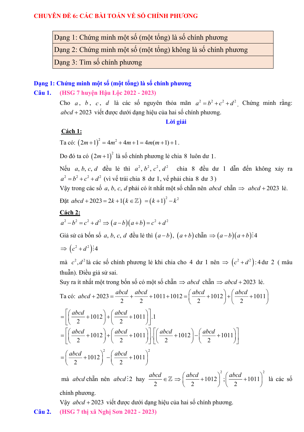 Chuyên đề bồi dưỡng HSG Toán 7 Các bài toán về số chính phương (có lời giải)
