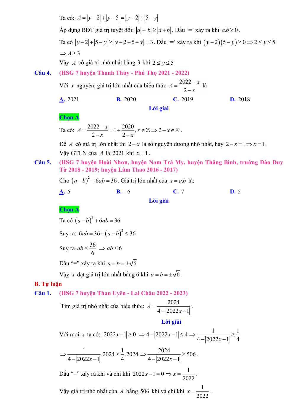 Chuyên đề bồi dưỡng HSG Toán 7 Chứng minh bất đẳng thức, tìm GTLN, GTNN (có lời giải)