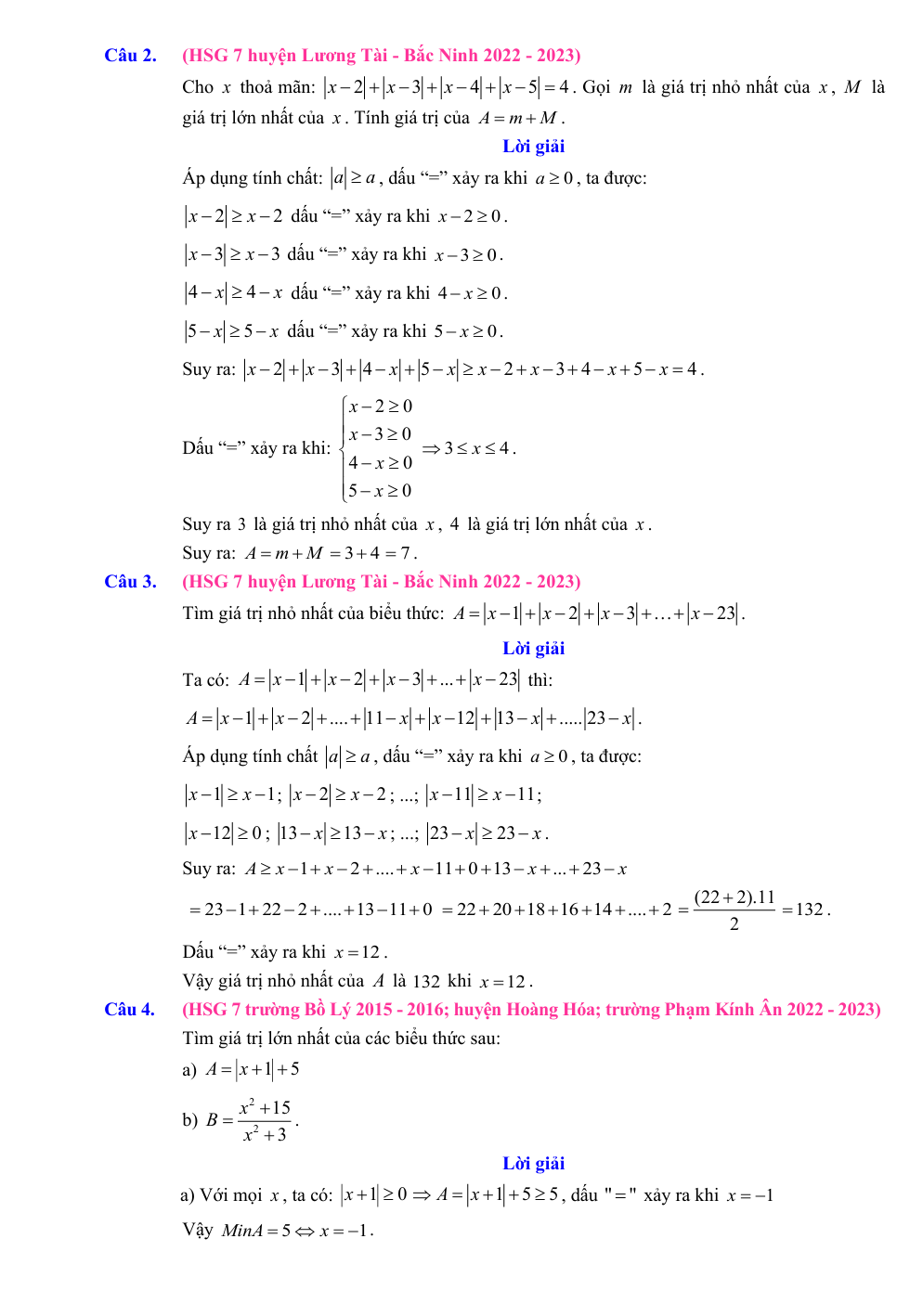 Chuyên đề bồi dưỡng HSG Toán 7 Chứng minh bất đẳng thức, tìm GTLN, GTNN (có lời giải)
