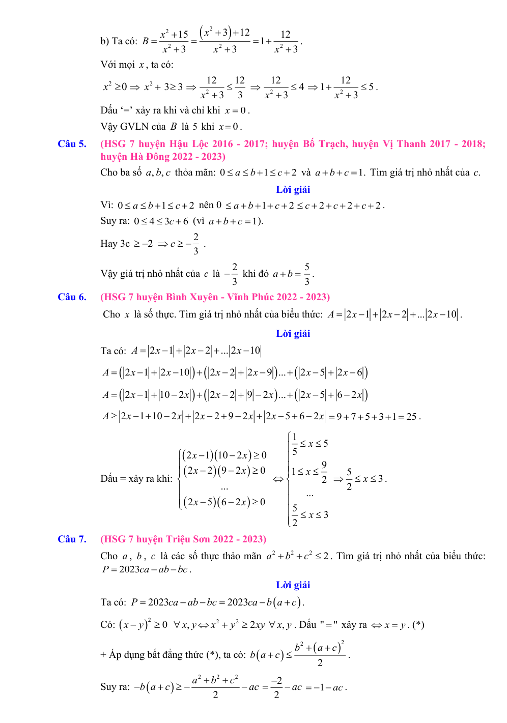 Chuyên đề bồi dưỡng HSG Toán 7 Chứng minh bất đẳng thức, tìm GTLN, GTNN (có lời giải)