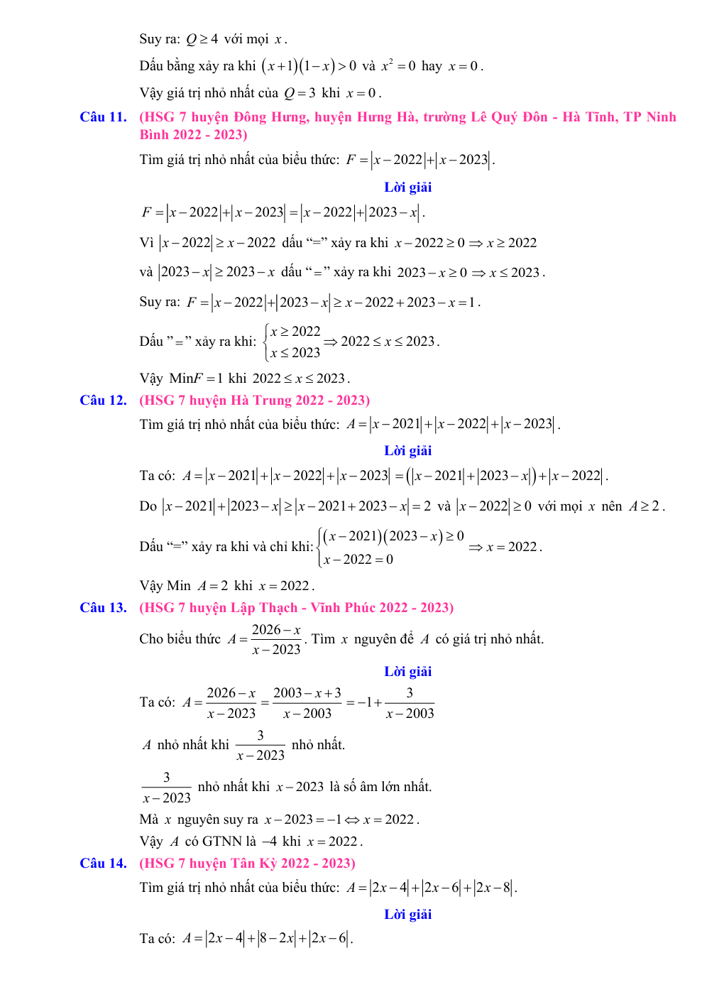 Chuyên đề bồi dưỡng HSG Toán 7 Chứng minh bất đẳng thức, tìm GTLN, GTNN (có lời giải)