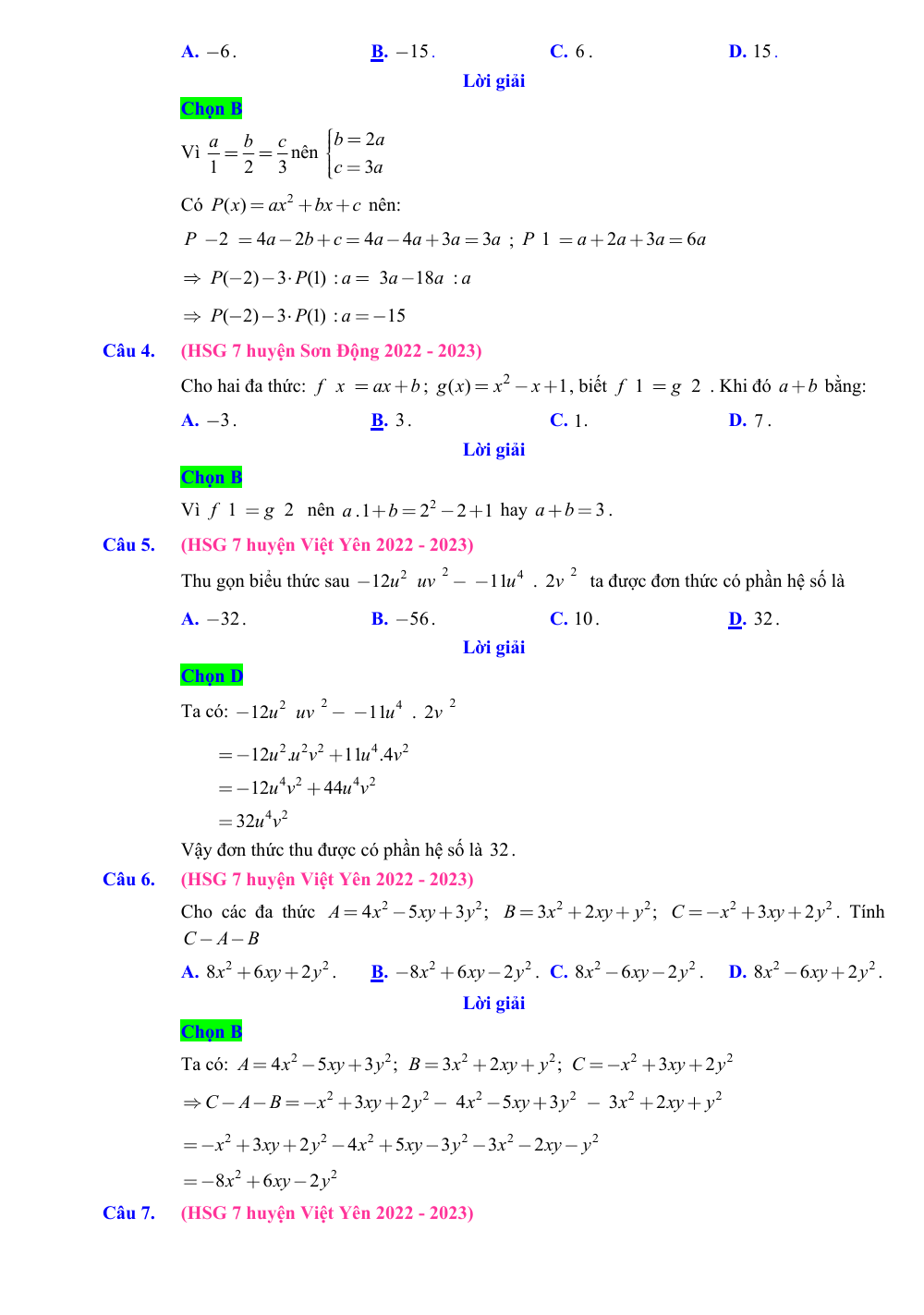 Chuyên đề bồi dưỡng HSG Toán 7 Đa thức (có lời giải)