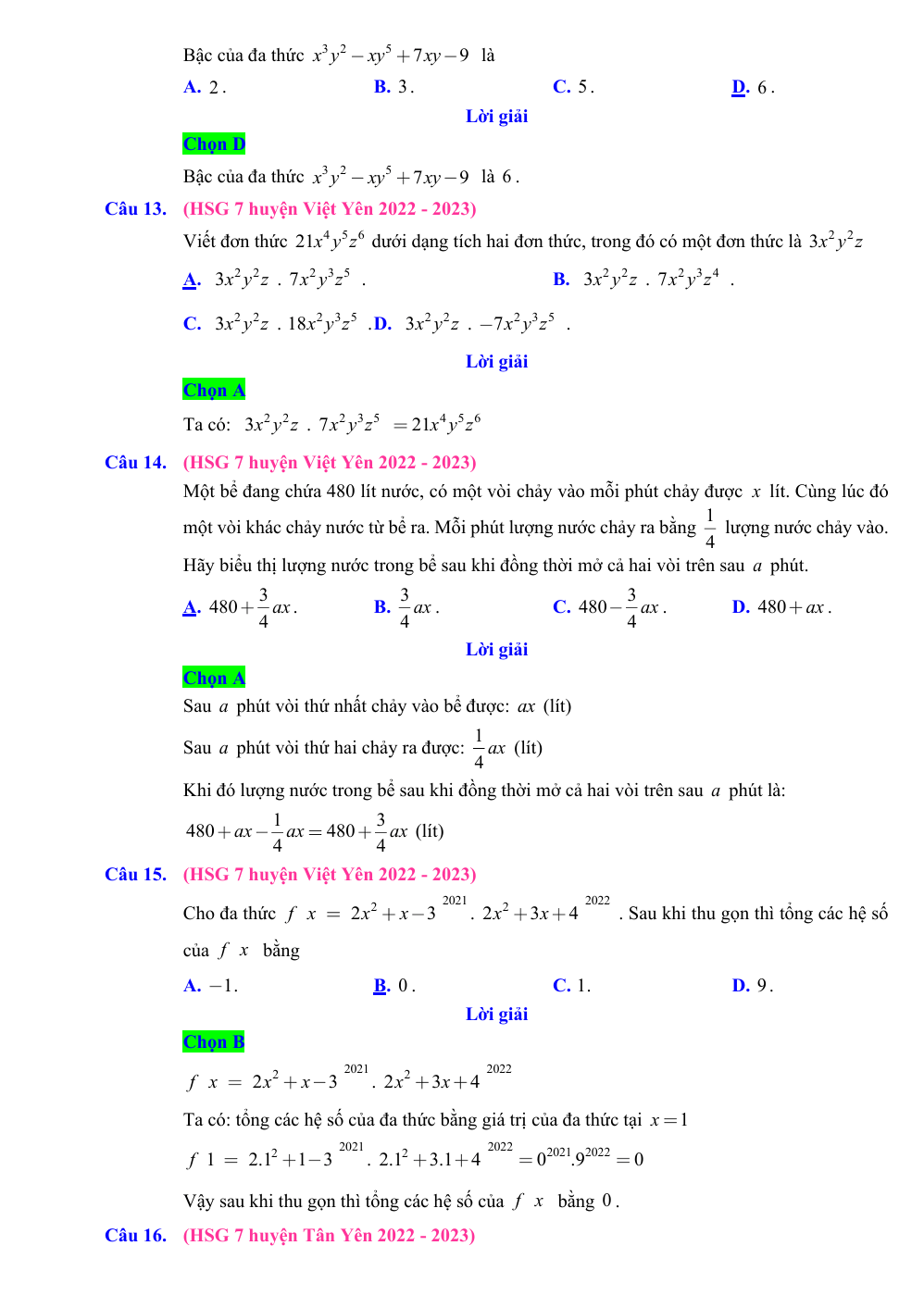 Chuyên đề bồi dưỡng HSG Toán 7 Đa thức (có lời giải)