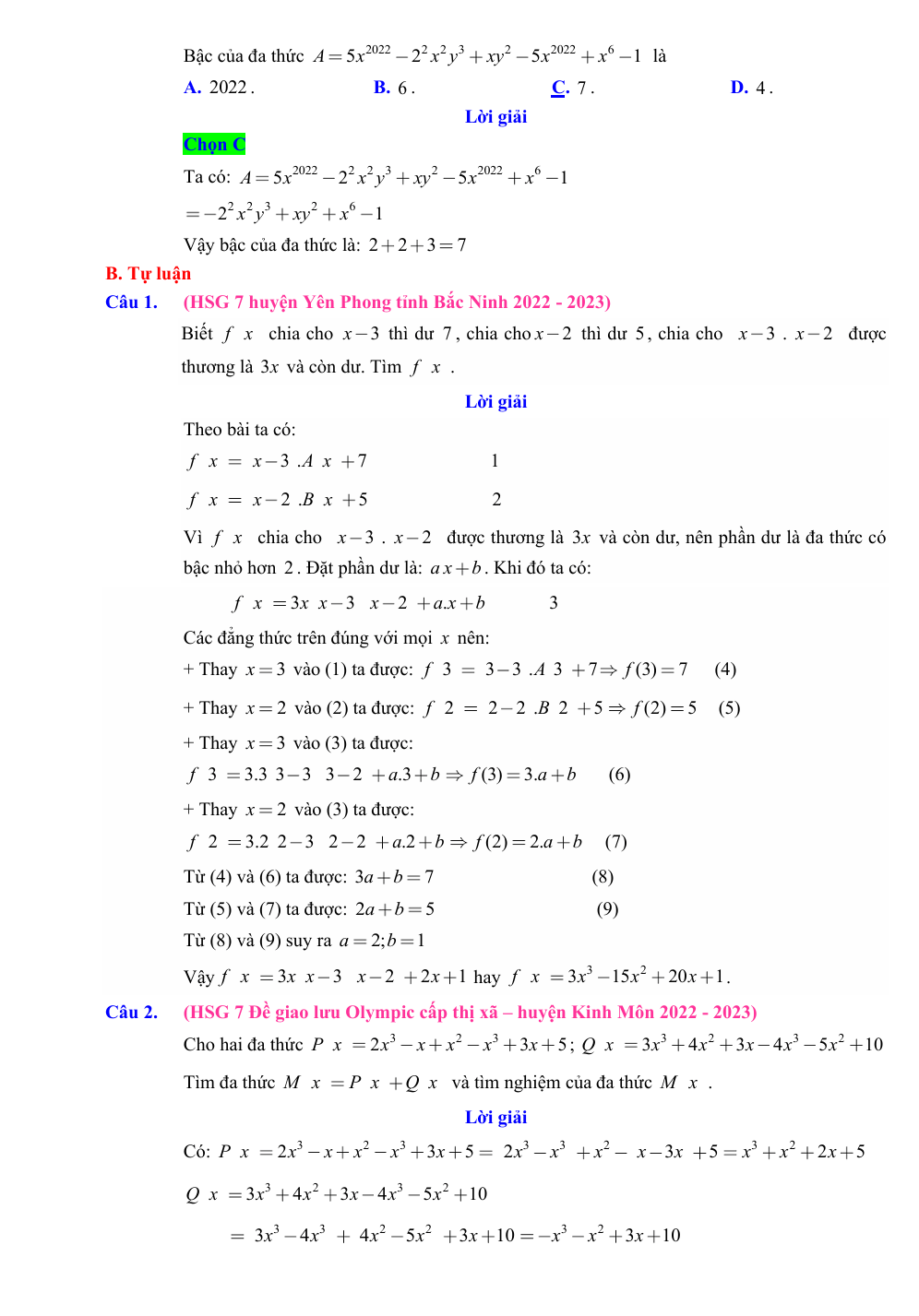 Chuyên đề bồi dưỡng HSG Toán 7 Đa thức (có lời giải)