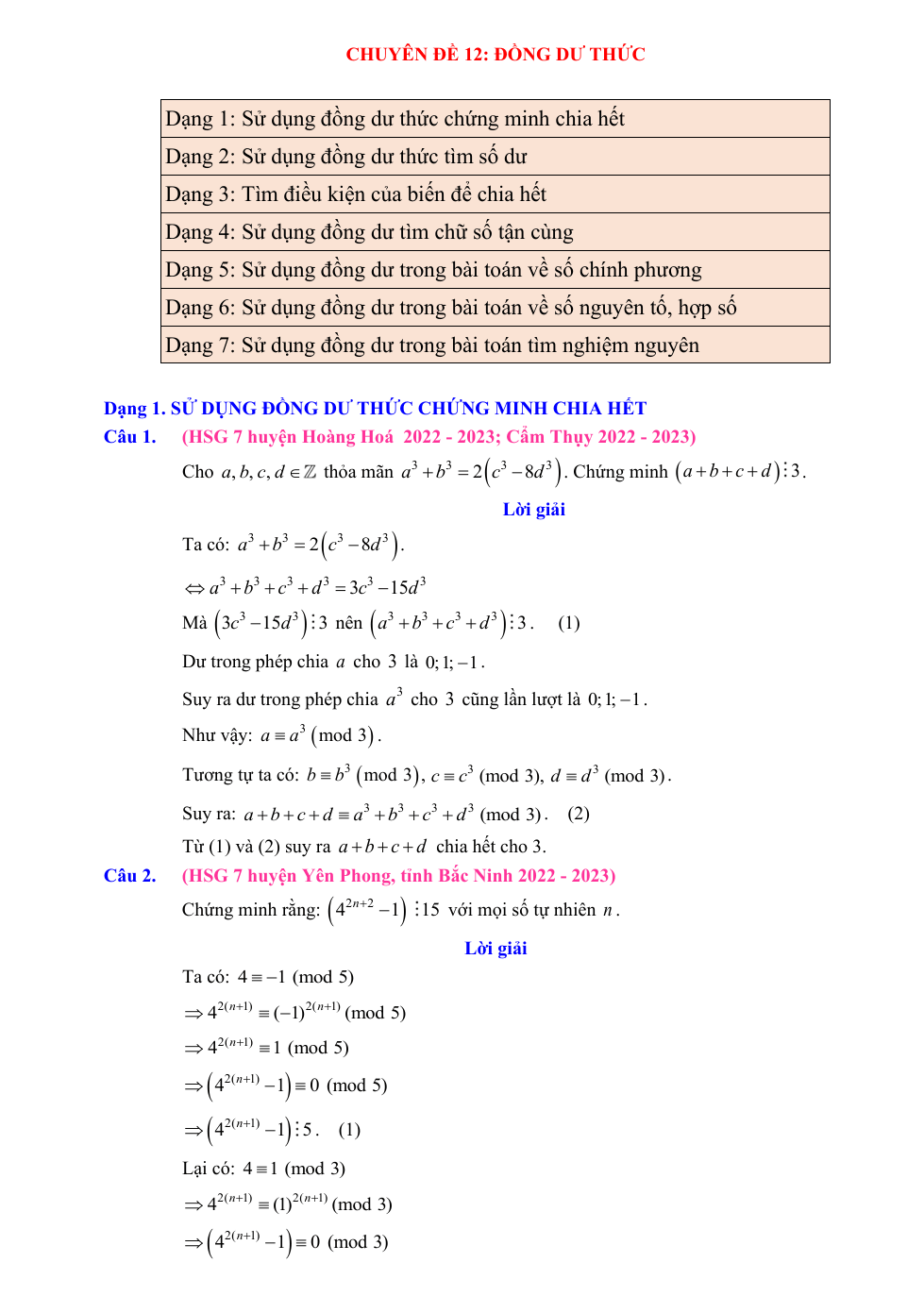 Chuyên đề bồi dưỡng HSG Toán 7 Đồng dư thức (có lời giải)