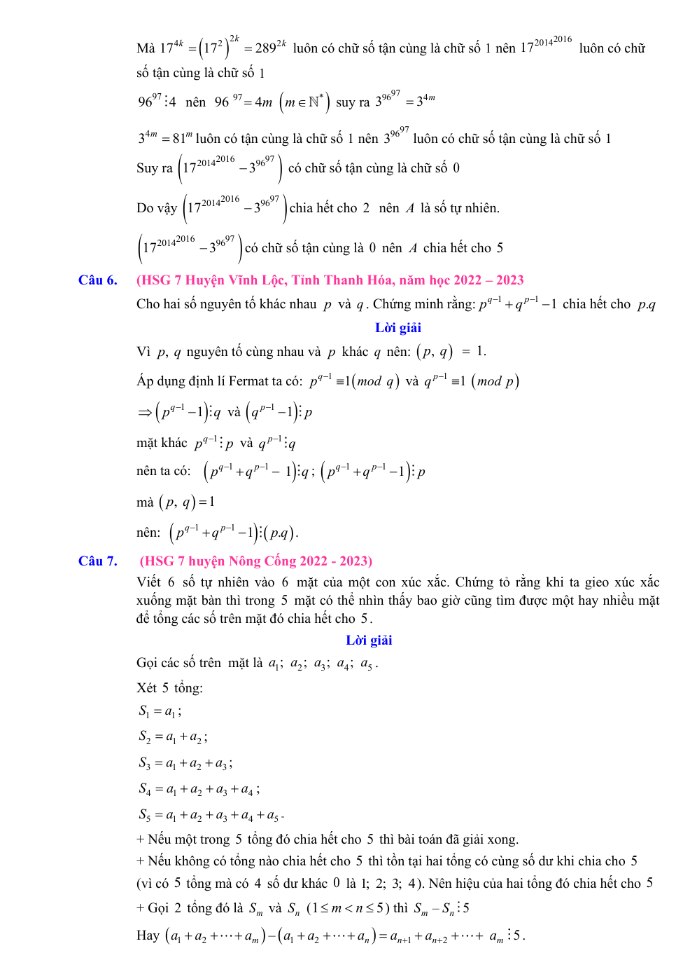 Chuyên đề bồi dưỡng HSG Toán 7 Đồng dư thức (có lời giải)